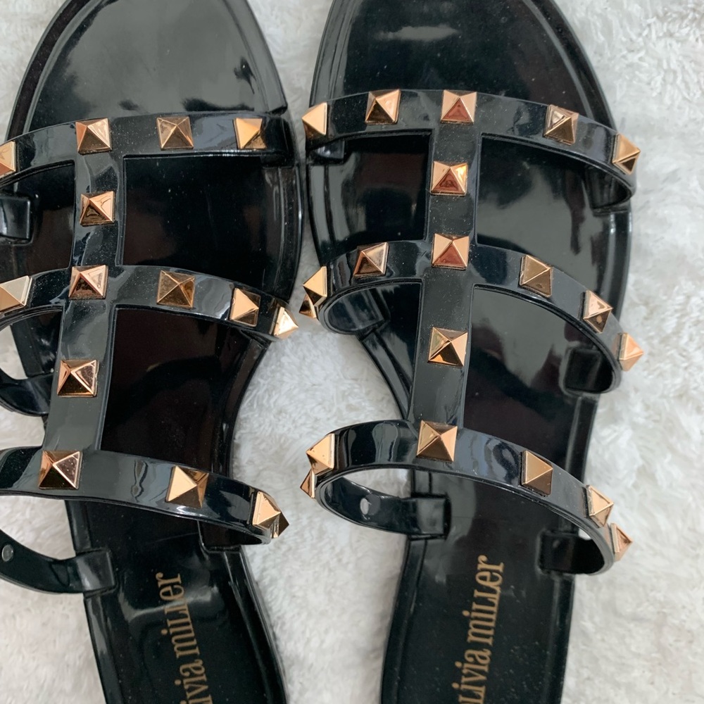 Olivia Miller Black Jelly Sandals with Gold Studs